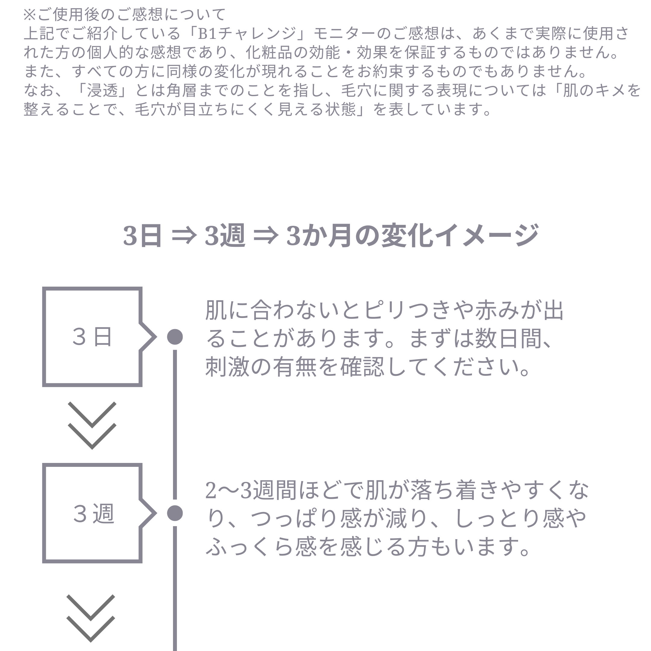 B1化粧水の使用3日・3週・3か月後の肌の変化イメージ。しっとり感や毛穴の印象など、肌状態の変化を段階的に説明する図。
